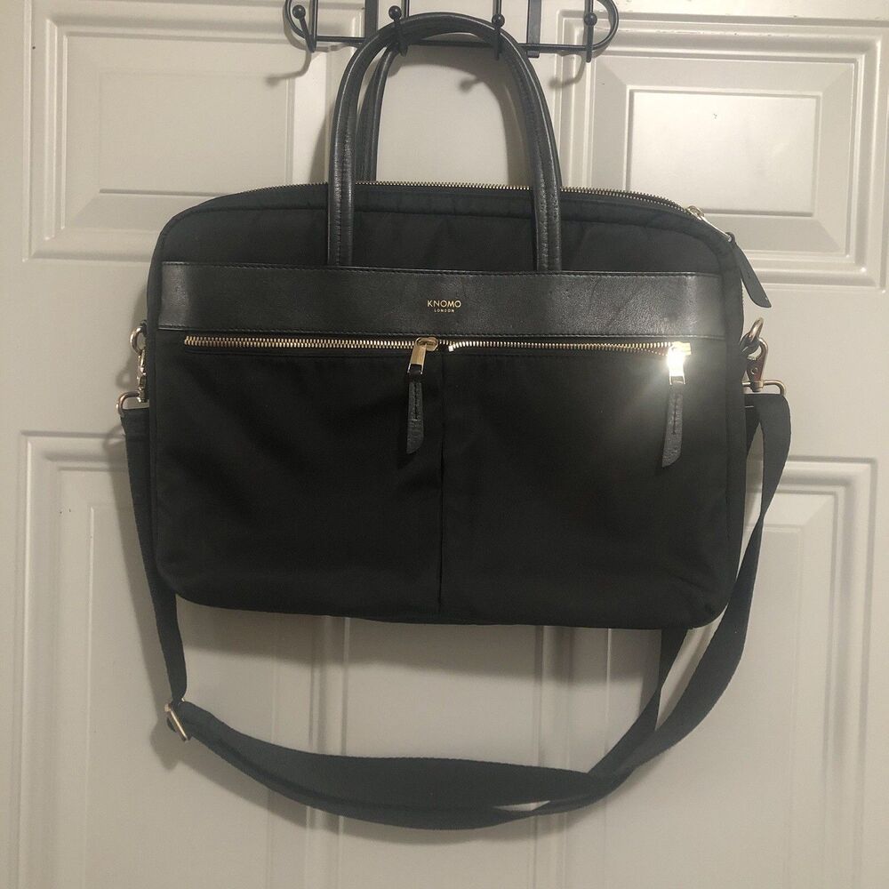 KNOMO London Hanover Black Slim Laptop Briefcase Messenger Bag Work Travel 14-in